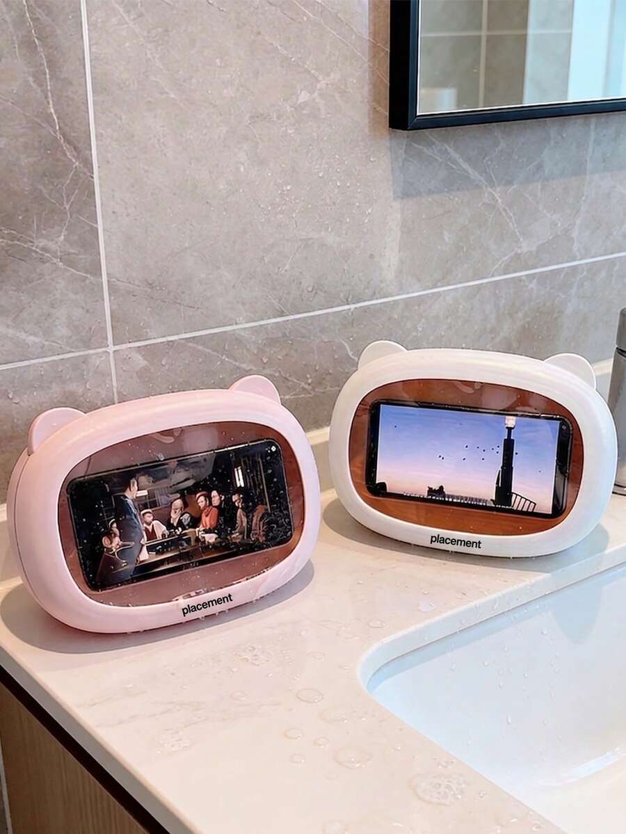 Zazumi 1Pc/2Pcs Waterproof Sealed Structure, Cartoon Pattern, Bathroom Phone Holder Case, For Shower Bath Daily Use, Wall Mount Adhesive Stable Support Storage Box - Multicolor - View 1