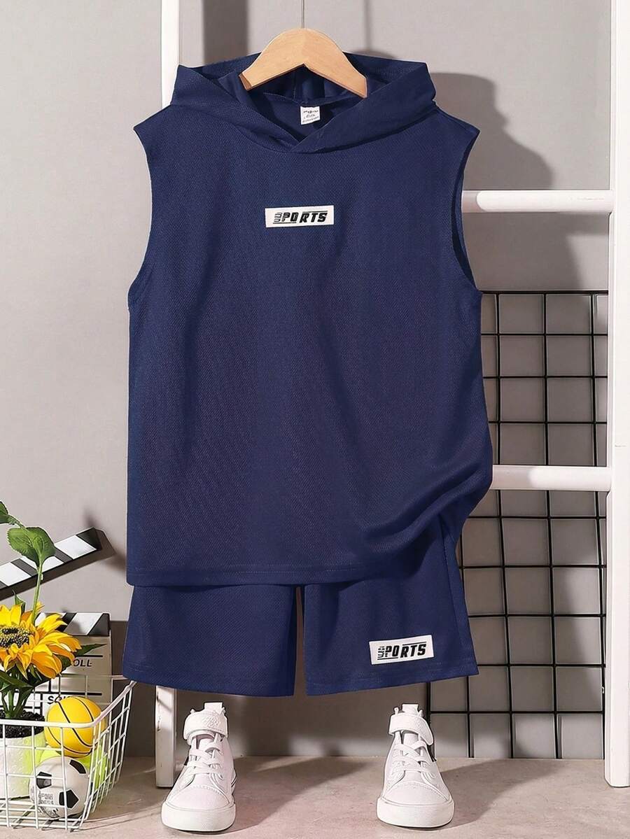 SHEIN 青少年男童宽松字母图案连帽衫和短裤两件套 - 藏蓝色 - 查看 1