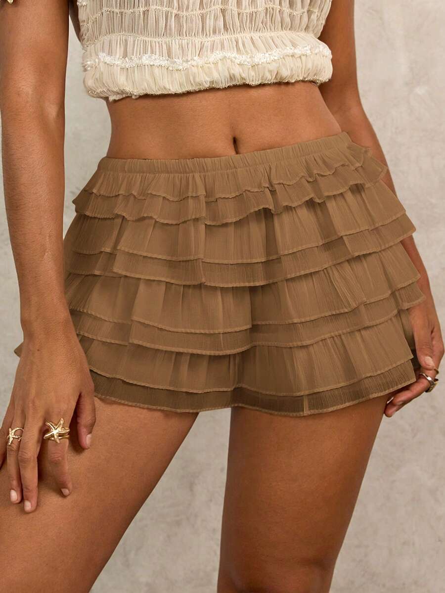 SHEIN Swim 女士夏季休闲荷叶边罩衫和短裤套装 - 棕色 - 查看 1