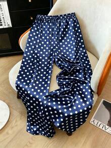 Franclia Plus Size Satin Drawstring Tie Waist Straight Leg Pants - Navy Blue - View 1
