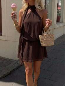 Aloruh Women's Elegant Neck Tie Waist Mini Dress - Brown - View 2