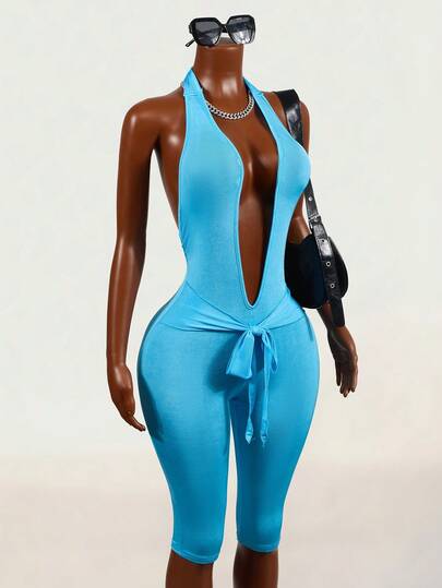 Mistrie Bright Color Lace-Up Halter Deep V-Neck Backless Waist Tie Design Tight 3/4 Pants, Casual Sports Party Holiday Outing Sweet & Sexy Jumpsuit, Spring/Summer High Stretch Tight Fabric For Women