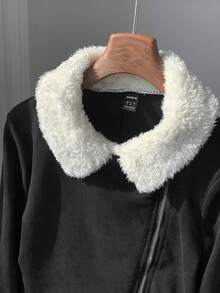 SHEIN X Lucía Bellido SHEIN EZwear Teddy Lined Open Front Suedette Black Jacket In Fall/Winter - Black and White - View 7