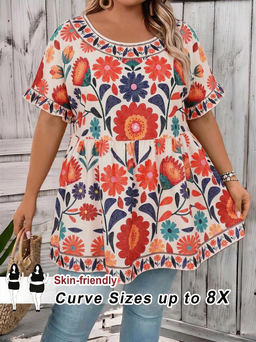 SHEIN CURVE+ 大码印花休闲度假衬衫 夏季/乡村/海滩度假装/海滩装/沙滩服饰 - 彩色 - 查看 1