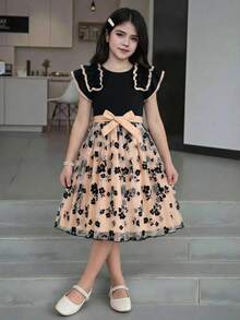 Tween Girls' Summer Cute Flower Girl Elegant Black Mesh Floral Print Dress,Sleeveless Round Neck Contrast Trim Ruffle Hem Kids Casual Dresses - Black - View 5