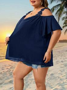 SHEIN CURVE+ 大码女式夏季度假休闲纯色露肩短袖衬衫 - 藏蓝色 - 查看 8
