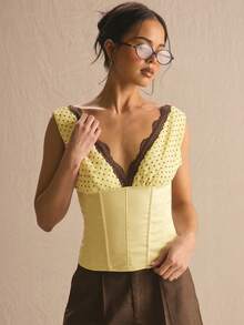 MUSERA Polka Dot Lace Hem Detail Lace Up Boned Corset Top Spring Summer Cosy Cute Daily Girly Vacation Sunlight Social Holiday Brunch Romantic - Pale Yellow - View 1