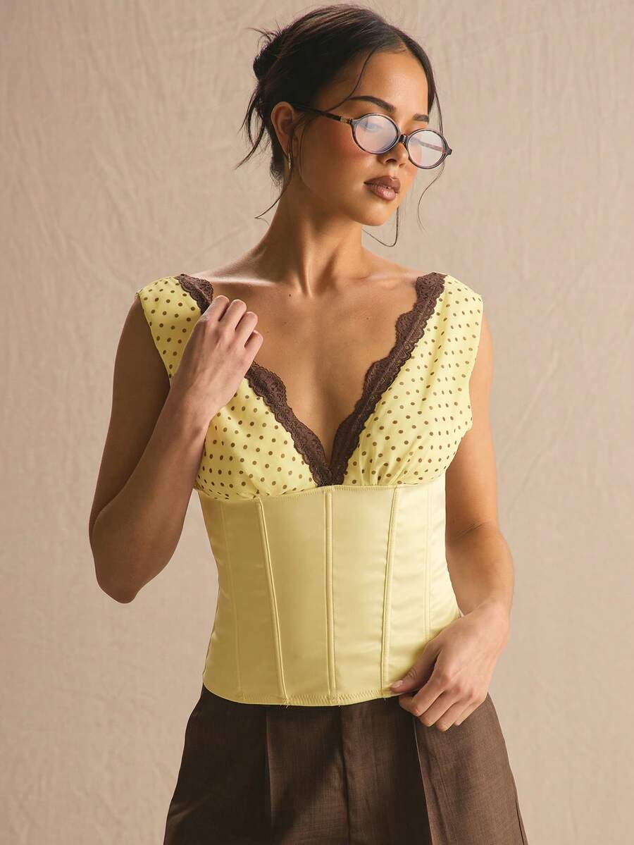 MUSERA Polka Dot Lace Hem Detail Lace Up Boned Corset Top Spring Summer Cosy Cute Daily Girly Vacation Sunlight Social Holiday Brunch Romantic - Pale Yellow - View 1