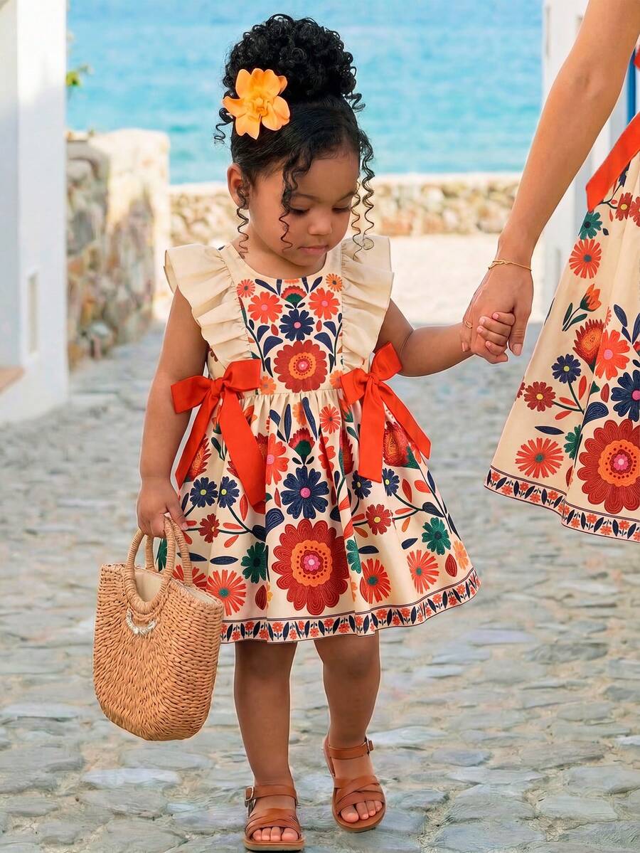 SHEIN Baby Girl Woven Floral Contrast Color Bow Ruffle Hem Casual Dress - Multicolor - View 1