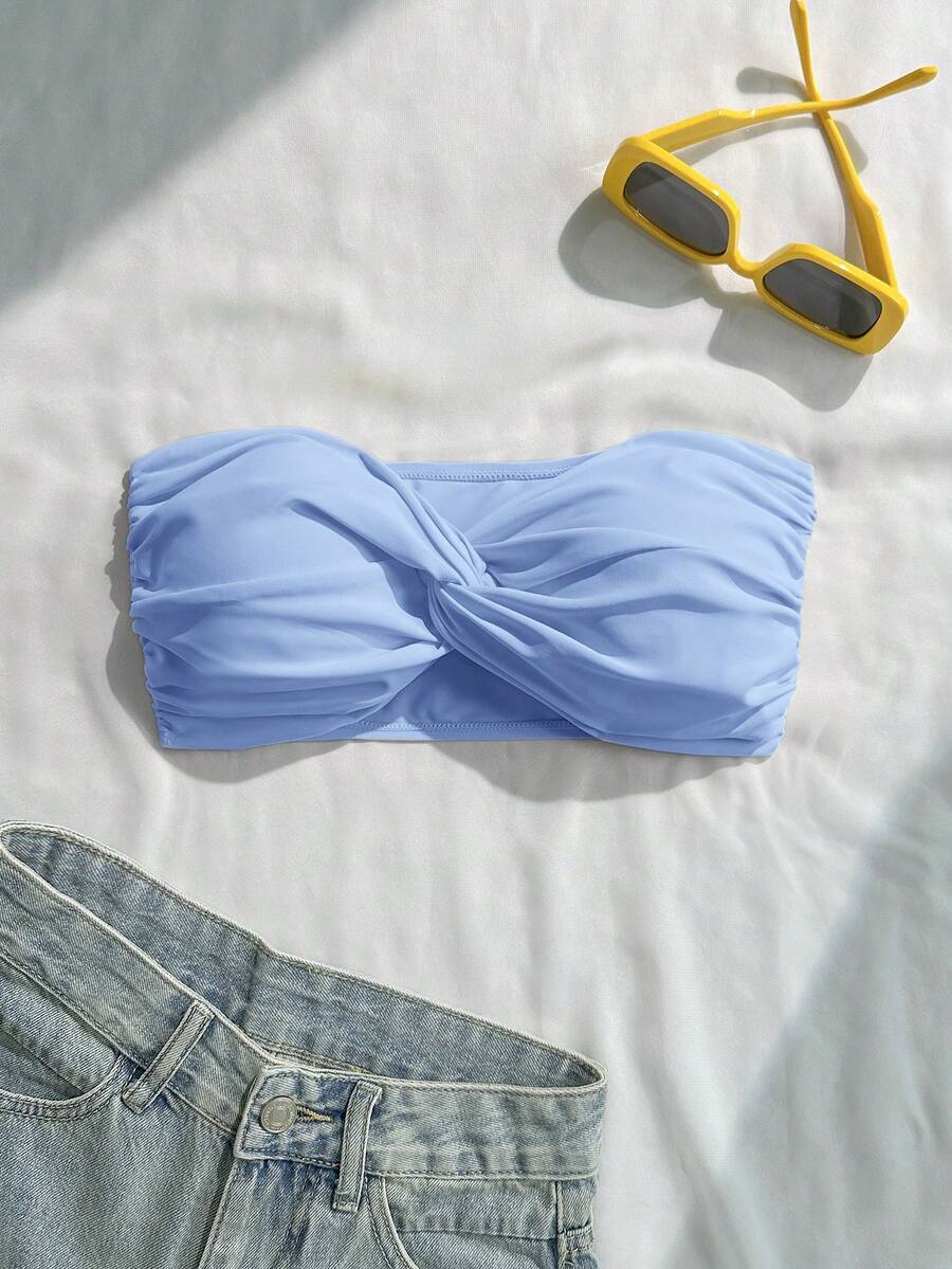 Swim Basics 女士纯色扭结比基尼上衣，适合夏季度假和海滩穿着 - 藍色 - 查看 1