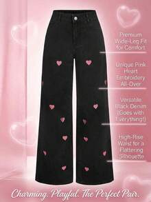 SHEIN MOD Women's Heart Embroidered Pocket Wide Leg Loose Casual Versatile Jeans - Black - View 1