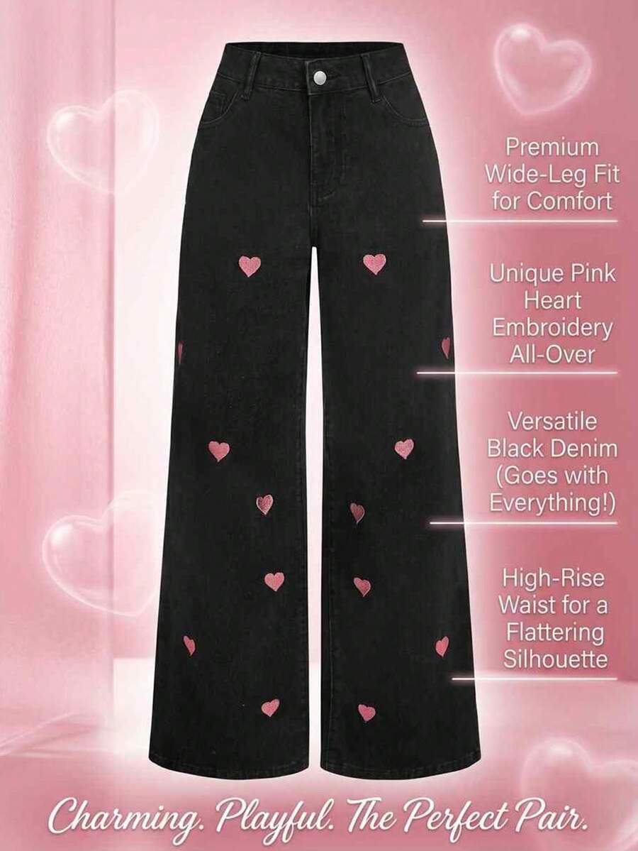 SHEIN MOD Women's Heart Embroidered Pocket Wide Leg Loose Casual Versatile Jeans - Black - View 1