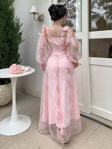 Modelyn Women's French Style Sweet & Ethereal Pink Mesh Tie-Up Dress,Pink Floral,Summer,Elegant,Tea Party Luxury Lace Rococo Vintage Gown - Pink - View 3