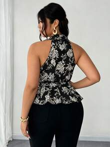 Elenzga 2025 New Plus Size Women's Elegant V-Neck Ruffle Hem Tie Waist Off Shoulder Fashionable Design Versatile Spring/Summer Casual Blouse - Black and White - View 3