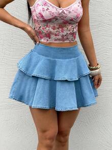 Rivivi Chân váy mini denim thời trang cạp cao, xếp ly đôi dành cho nữ. - Màu xanh lam - Xem 3