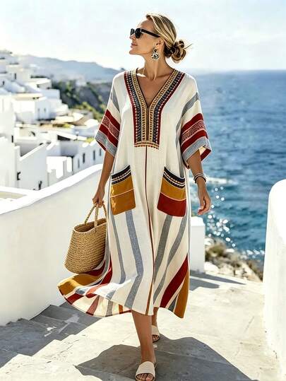 Louniche Women's Elegant Fashion Commuter Casual Comfortable Charming Retro Minimalist High-End Romantic Holiday Resort Relaxed Seaside Beach Mid-Length V-Neck Floral Pattern Loose Split Colorful Striped Print Linen-Like Bamboo Knit Design Maxi Dress