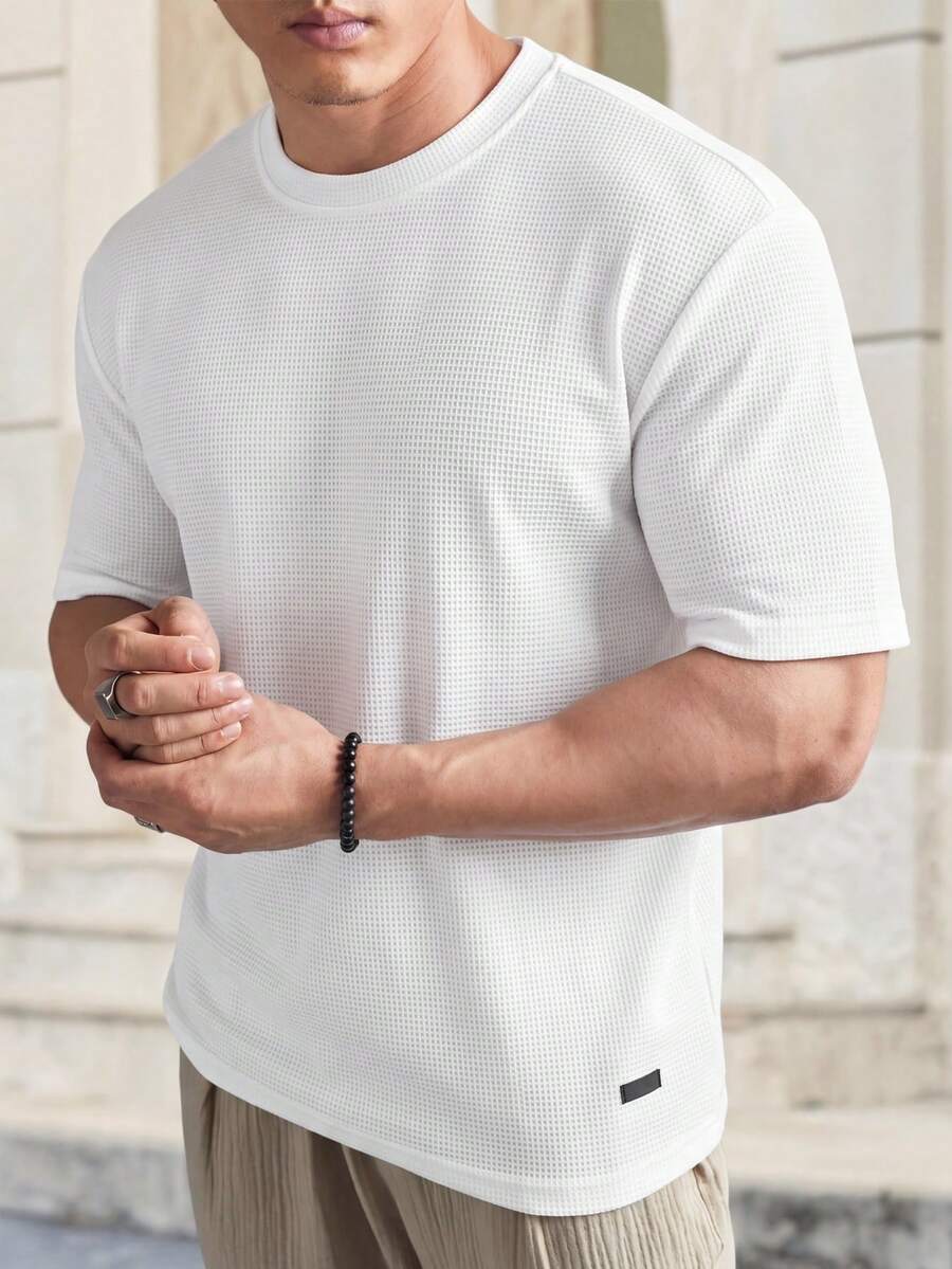 EASEVO Plus Size Men's Casual Loose Fit Short Sleeve White Plain Jacquard T-Shirt, Summer - White - View 1