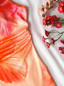 SHEIN Tween Girl Fashionable Elegant Round Neck Sleeveless Printed Dress,Sunset Theme Summer Bodycon Floral Print Tropical - Orange - View 5