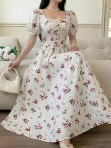 Feyla 新款复古风泡泡袖碎花褶皱收腰A字浪漫度假连衣裙 - 彩色 - 查看 1