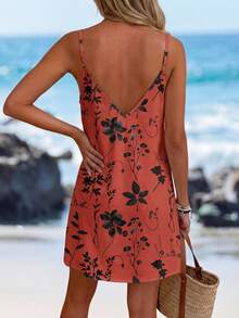 Sylviya Đầm mini dáng rộng in họa tiết retro dành cho nữ, thích hợp cho mùa xuân và mùa hè, kiểu dáng thanh lịch, thường ngày. - Gỗ đỏ - Xem 2