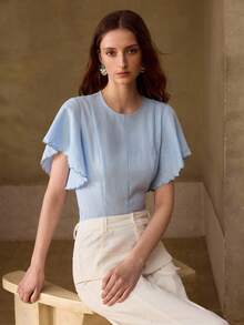MOTF PREMIUM WOMEN'S 100% LINEN ROUND NECK SHORT SLEEVE EMBROIDERED WAVY BLOUSE, SUITABLE FOR DATES AND VACATIONS - Blue - View 5