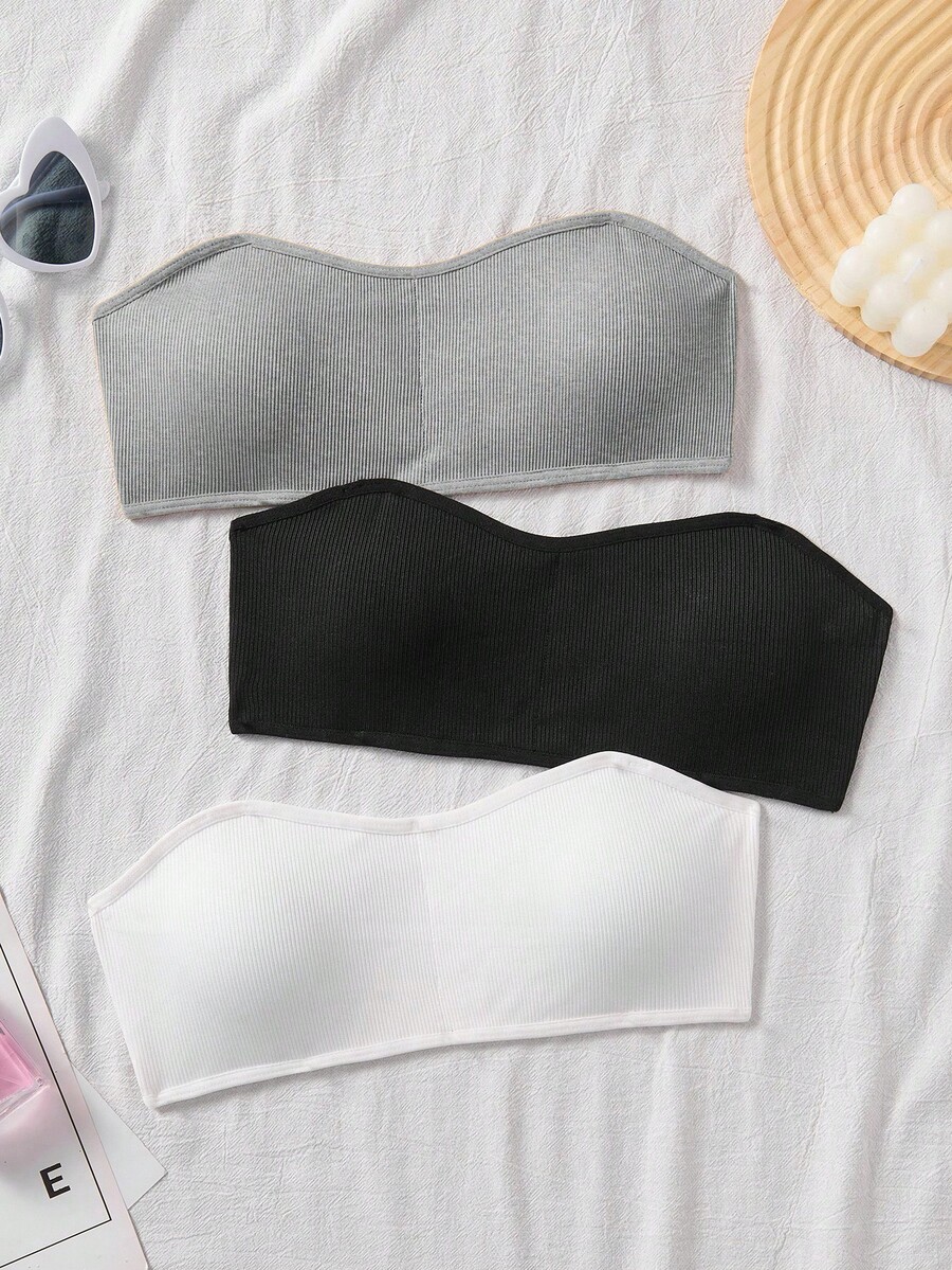 Teen Girl 3pcs Comfortable Padded Non-Slip Tube Top Set - Light Grey - View 1