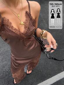 Siren Gaze Petite Petite Women's Lace Patchwork Spaghetti Strap Tank Top And Lace Pants 2 Pieces Set - Brown - View 4