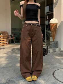 DAZY Women's Loose Embroidered Korean Style Washed Denim Jeans, Versatile For Spring And Summer - Coffee Brown - View 2