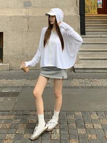 女士休闲连帽宽松轻薄长袖外套，适合春、夏、秋季穿着，甜美文艺风，时尚度假沙滩外套 - 白色 - 查看 17