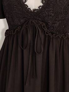 SHEIN ICON Plus Size Women's Lace Patchwork Ruffle Sleeve Front Tie Dress - Brown - View 8