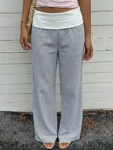 SHEIN EZwear Women's Casual Low-Waist Straight-Leg Pants, Suitable For Summer, Versatile, Striped Fabric - Multicolor - View 5