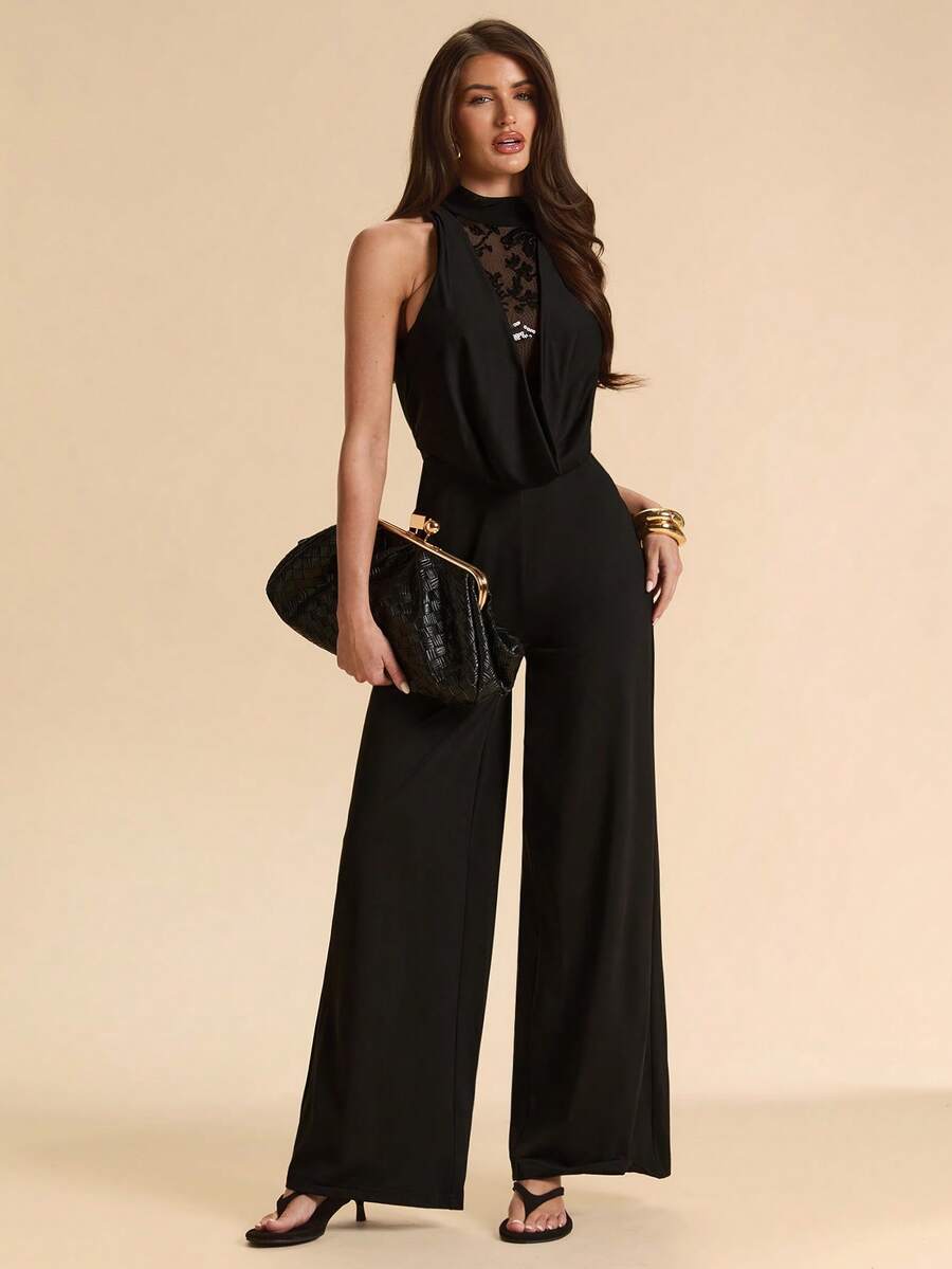 SHEIN BAE 黑色深V领串珠拼接紧身连体裤,适合日常约会、夜店、派对、鸡尾酒会、泳池派对、返校、学期、假期、音乐节、乡村音乐节、演唱会等场合。 - 黑色 - 查看 1