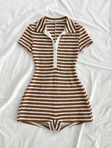 Soleia Striped Casual Jumpsuit For Women, Suitable For Valentine's Day, Vacation, Date, Beach - Coffee Brown - View 4