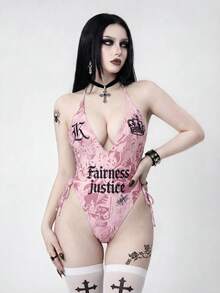 ROMWE Street Life 26SS 女士春夏沙滩套装，连体泳衣，性感迷人，优雅浪漫，海岛度假风，狂野霓虹亮色豹纹印花，深V领，多带露背设计，高开衩，连体裤 - 彩色 - 查看 3