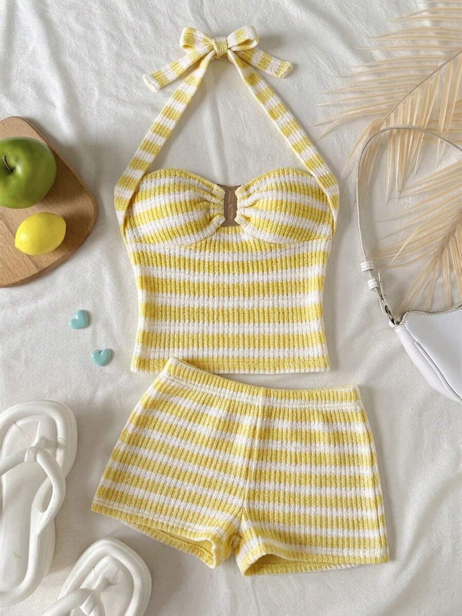 SHEIN Tween Girls' Casual Striped Tank Top And Shorts Set, Comfortable And Minimalist - Yellow - View 1