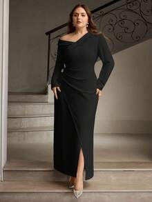 ZEYLAH Vestido ajustado con cuello asimétrico y drapeado en talla grande - Negro - Ver 7