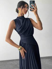 Elegant Women's A-Line Sleeveless Ruffled Dress/Umbrella Dress/Back To School Outfit/School Uniform/Party/Vintage Money Style - 磨砂黑 - 查看 2