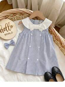 SHEIN 女婴可爱条纹彼得潘领蝴蝶结连衣裙，学院风 - 藍色 - 查看 9