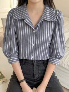 SHEIN 青少年女孩藍白條紋領口寬鬆燈籠袖襯衫，休閒優雅甜美風，適合夏季與校園穿搭 - 灰色 - 查看 1