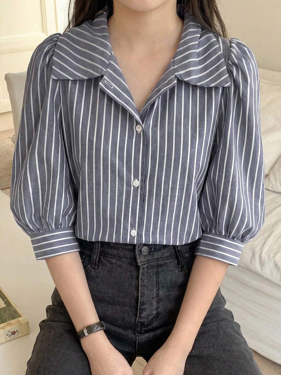 SHEIN 青少年女孩藍白條紋領口寬鬆燈籠袖襯衫,休閒優雅甜美風,適合夏季與校園穿搭 - 灰色 - 查看 1