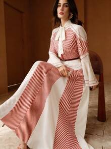 Anewsta Striped Flare Sleeve Tie Waist Design Women Long Dress - Red - View 4