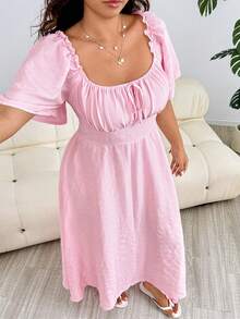 Solflare Romantic Long Flounce Sleeve A-Line Dress, Suitable For Casual, Party, Commute, Wedding, Music Festival, Beach Vacation, Plus Size, Pink - Pink - View 5