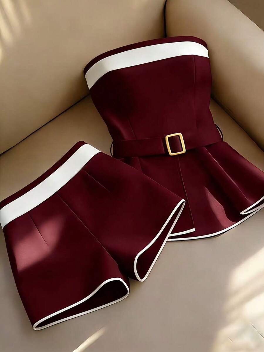 Franclia 女款對比色抹胸上衣與短褲兩件套度假套裝女裝休閒服 - 酒紅色 - 查看 1