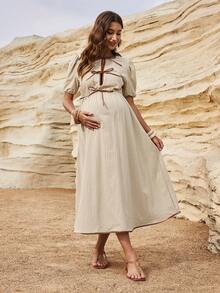 Boho Mama Đầm bầu cho con bú buộc dây phía trước, tay ngắn - Màu be - Xem 3