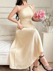 Vestido de mujer elegante de unicolor con cuello asimétrico, manga sin mangas y plisado, de largo medio, para verano y como vestido de invitada de boda - Albaricoque - Ver 3
