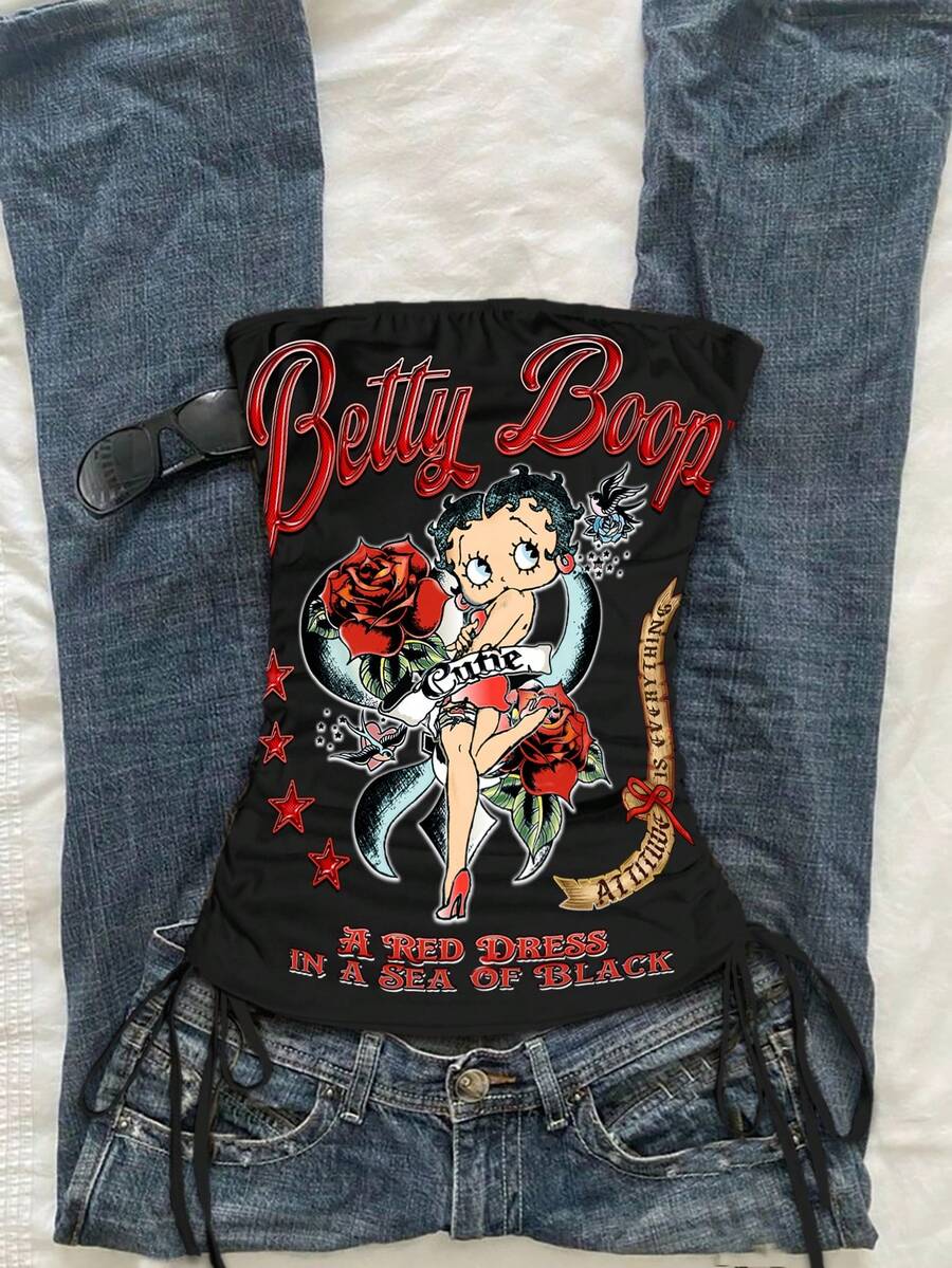 Betty Boop x SHEIN SHEIN Attitoon 休闲复古朋克 Y2K 百搭玫瑰与英伦做旧印花露脐上衣，适合音乐节、哥特风格、夏季外出 - 彩色 - 查看 1
