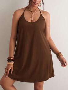 Freevana Plus Size Solid Color Spaghetti Strap Backless Casual Loose Summer Dress - Coffee Brown - View 5