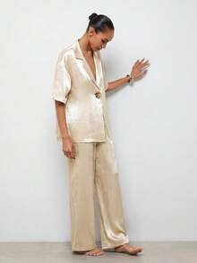 MAIJA Champagne Gold Summer Elegant Dining Women's Satin 2 Pieces Set,Tailored Double Breasted Slim Fit Blazer,Lounge Suits,Prom Holiday Outfits - Beige - View 7