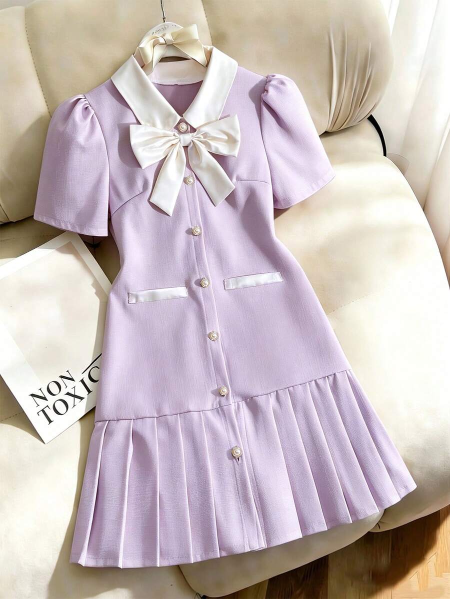1pc Teen Girl Casual Elegant Bow Decor Short Sleeve Pleated Dress, Suitable For Spring & Summer