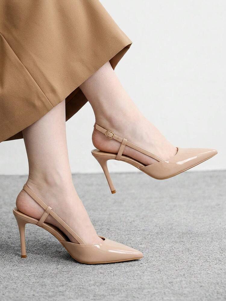 CUCCOO BIZCHIC Women Shoes Spring And Summer Pointed Toe Thin High Heel Slingback Buckle 9cm Women's High Heel Shoes Patent Leather Material Solid Color Elegant Temperament Workplace Dating Versatile Women's Shoes